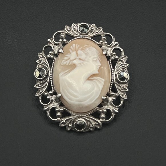 Antique Sterling Silver and Carved Shell Cameo Brooch Art Deco Era - Picture 1 of 7